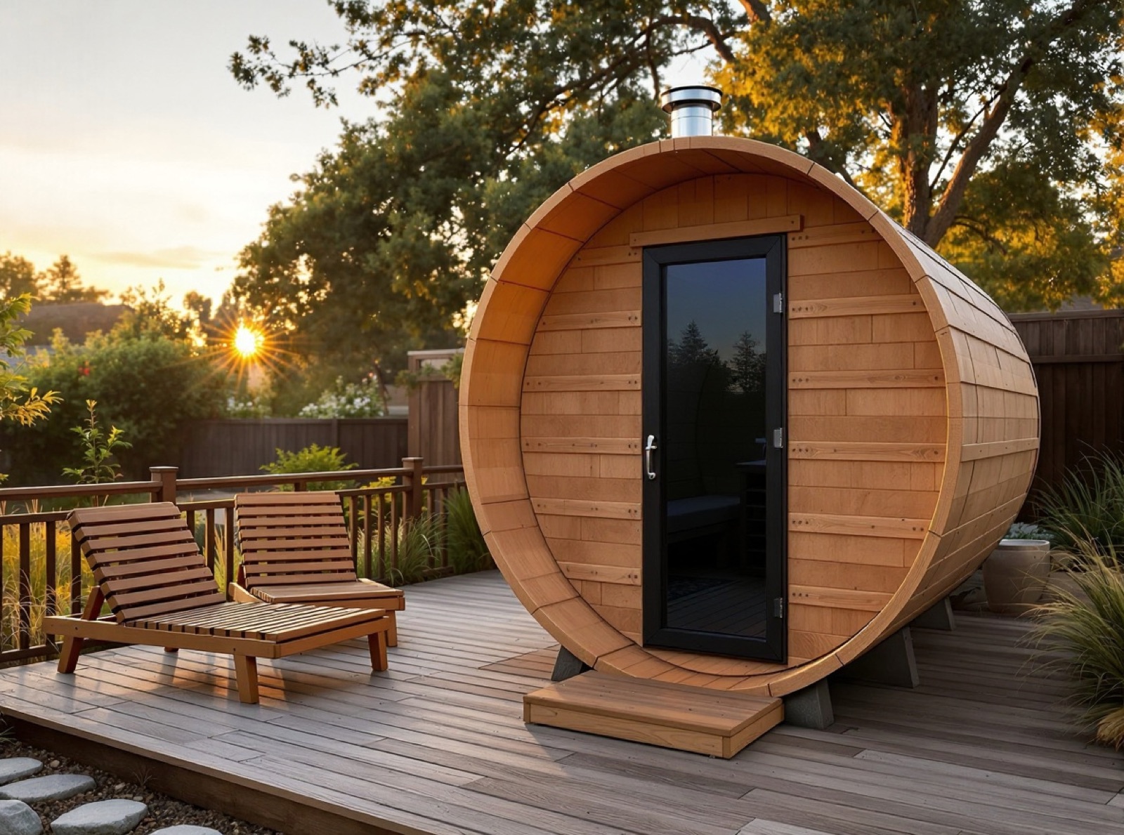 Cedar barrel sauna on a backyard deck at golden hour