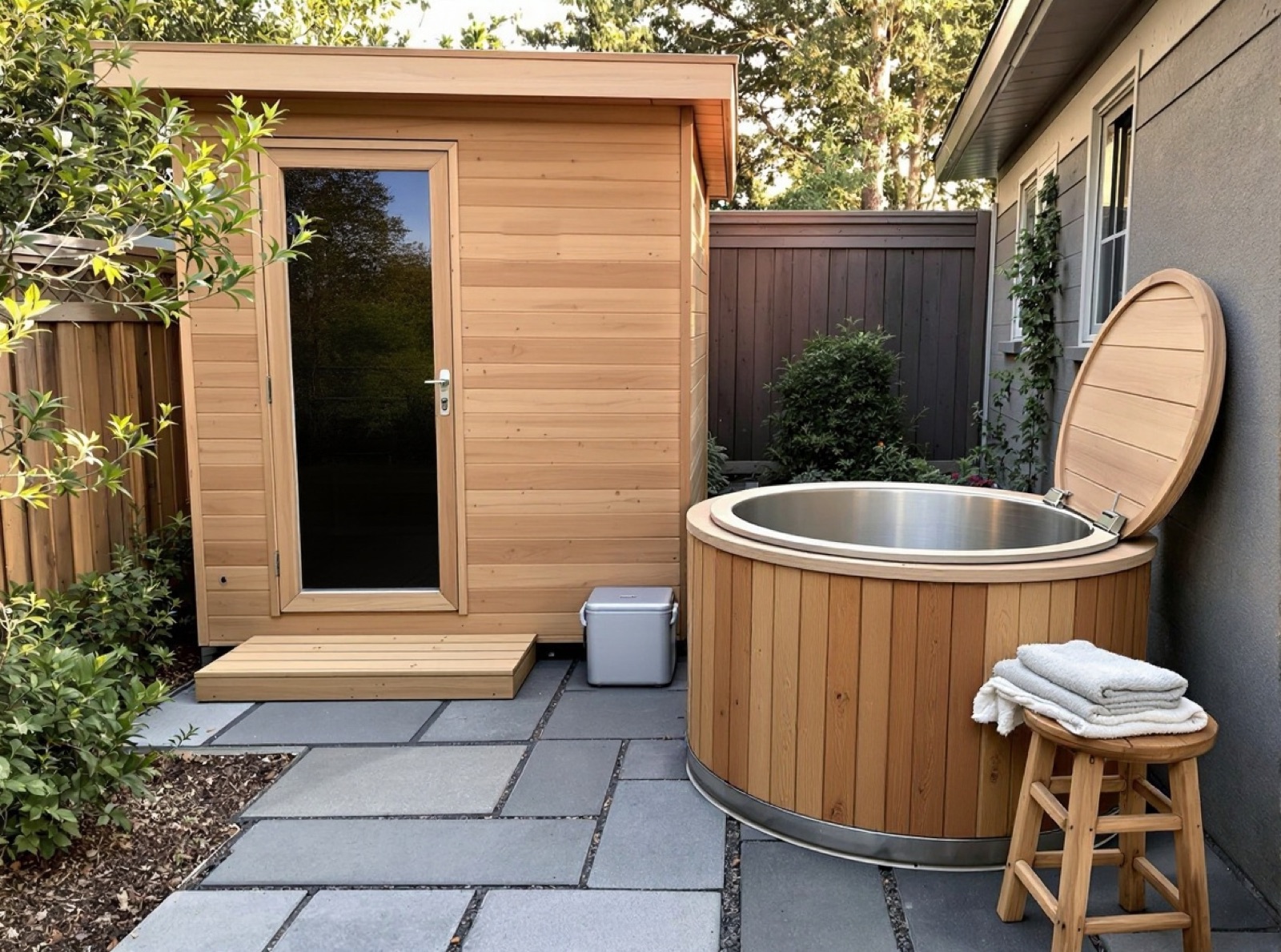 Outdoor sauna cabin beside a stainless steel cold plunge tub