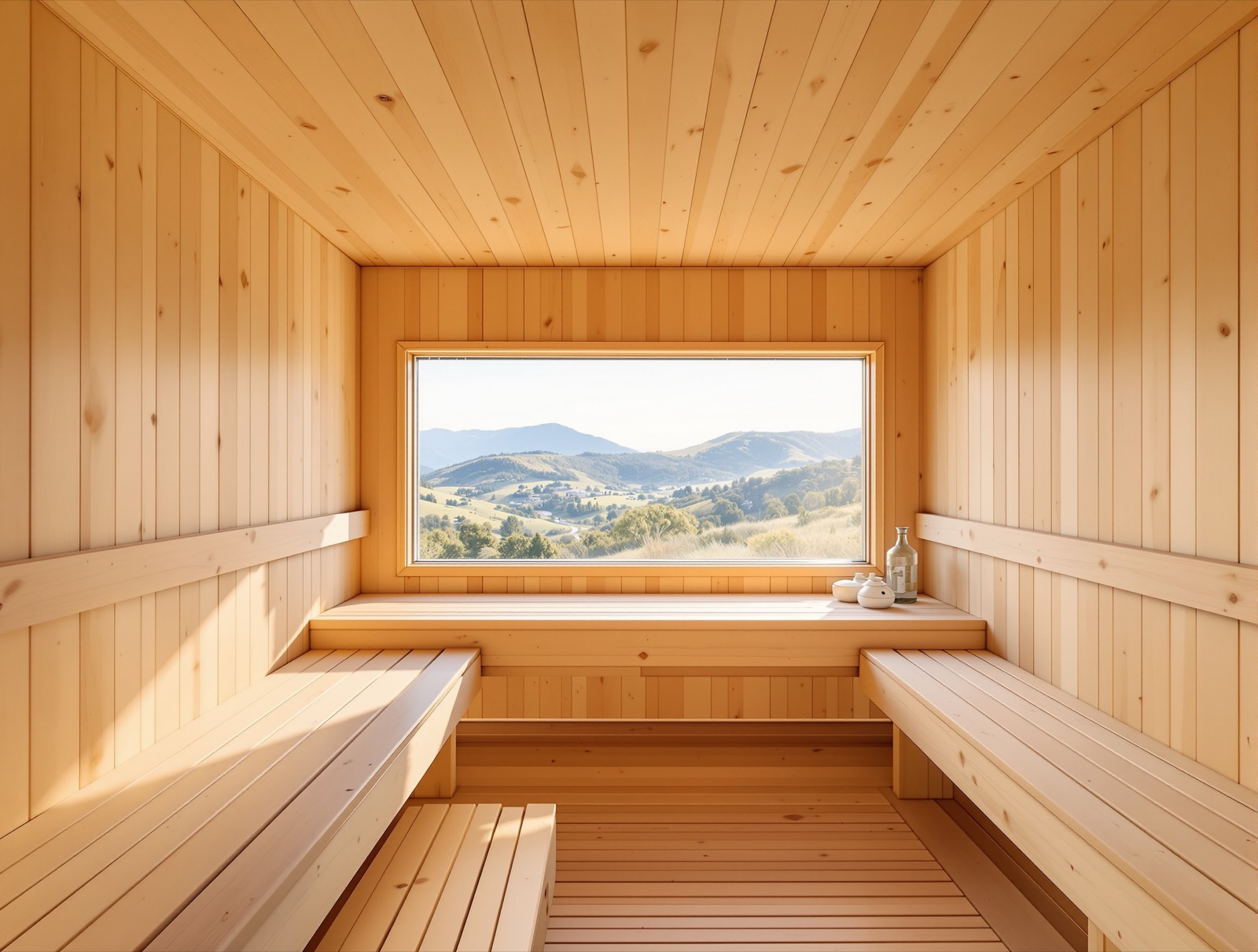 Sauna interior with panoramic window overlooking hills