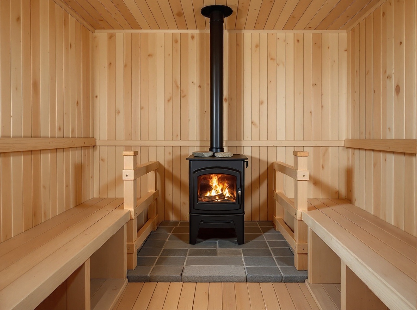 Wood-fired sauna interior with cast iron stove