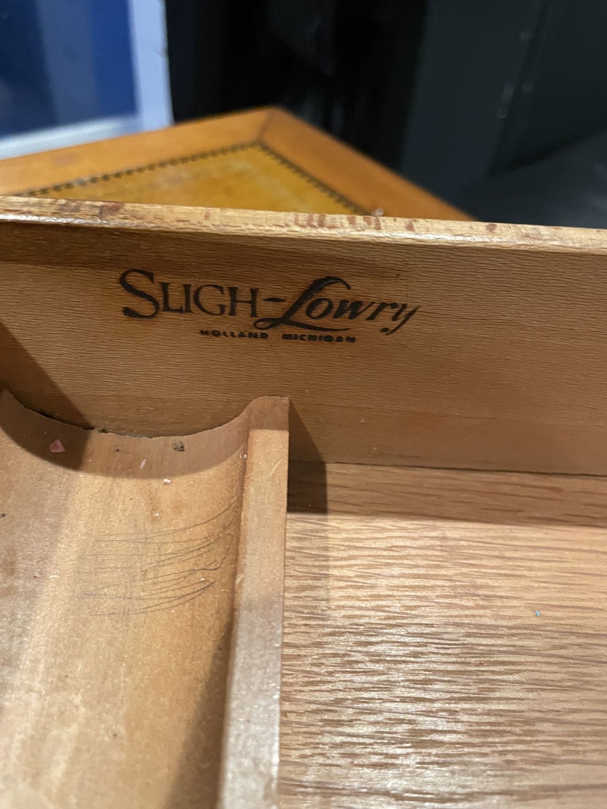 Sligh-Lowry maker stamp inside the desk