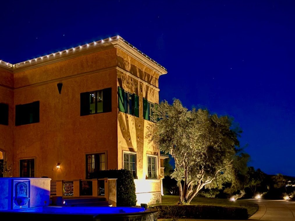Elevation above the lit pool at night